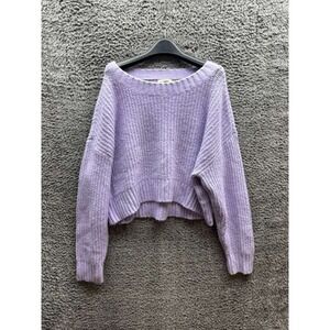 Open Edit Ribbed Knit Cotton-Blend Cropped Pullover Sweater Purple Womens Size S